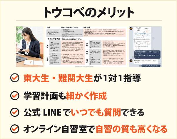 オンライン家庭教師トウコベのメリット 1：東大生・難関大生が1対1指導 2：学習計画も細かく作成 3：公式LINEでいつでも質問できる 4：オンライン自習室で自習の質も高くなる